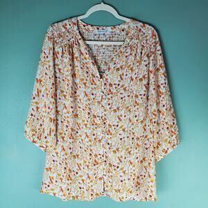 Rose+Olive Womens V-Neck Floral Print Smocked Blouse Top Size 1X